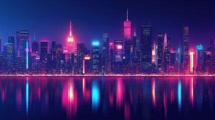 Fototapeta premium Futuristic neon city skyline at night with vibrant reflections on water