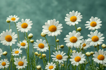 Fototapeta premium White Daisies with Yellow Centers Against a Teal Background