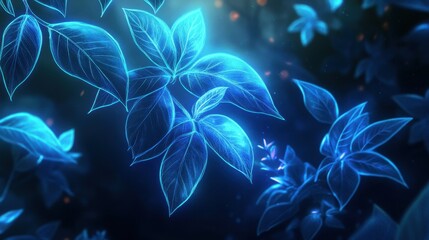 Glowing blue leaves, intricate details, dark background. Perfect for fantasy, science fiction, or mystical themes.