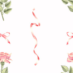 Flowers of roses with buds and leaves. Seamless pattern. Hand drawn watercolor illustration. Spring pink bloosom. Floral ornament from garden plants. Template for wallpaper, textile, packaging, cover.