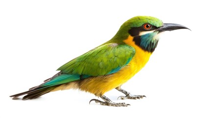 Obraz premium Vibrant green and yellow bird isolated on white background.