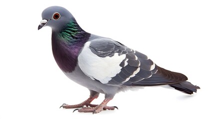 A single pigeon stands against a white background.