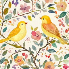 Two yellow birds on flowering branches, spring garden background, nature illustration for greeting cards