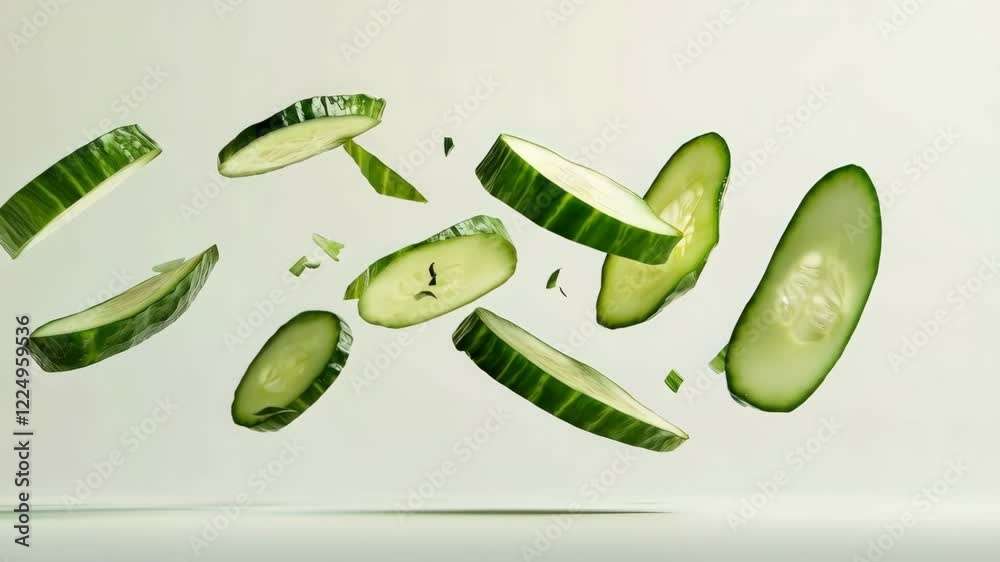 Aufkleber Levitating cucumber slices and chopped pieces create a vibrant and refreshing visual against a minimalist white backdrop, highlighting their fresh, healthy appeal in a dynamic composition