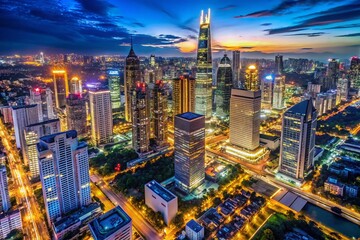 Obraz premium Stunning Night City Skyline Drone Photography - Aerial View of Urban Lights