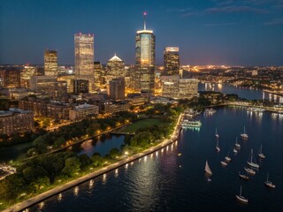Obraz premium Stunning Night Drone View of Back Bay Skyline, Boston