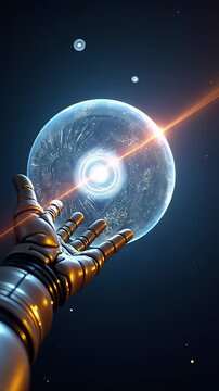Robotic hand reaches towards glowing cosmic sphere in space