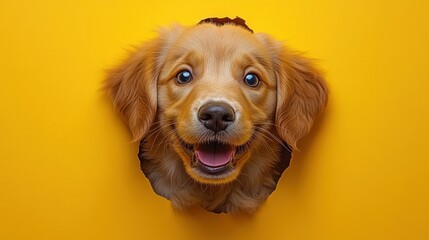 Golden Retriever Puppy Peeking Through Yellow Background