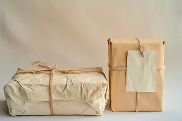 Wrapping Paper Packages with Twine and Blank Tags on Neutral Background for Gift Giving