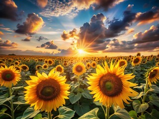 Fototapeta premium Stunning Panoramic View of a Sunflower Field Swaying in the Summer Breeze