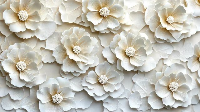 Gracefully overlapping white carnations in a subtle overlapping pattern, bright pearl white hues and intricate petal textures