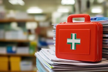 First-aid kit on paperwork; office background; safety preparedness