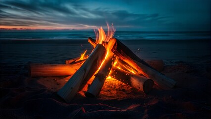 Campfire burning on a sandy beach at dusk, with ocean waves and a dramatic sky in the background, warm firelight contrasting with the cool evening atmosphere
