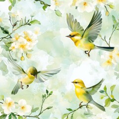 Yellow birds flying amidst blooming jasmine flowers
