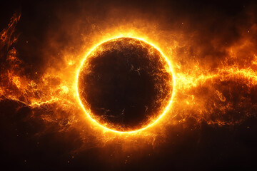 Naklejka premium Solar eclipse revealing dramatic ring of fire phenomenon, glowing orange red corona contrasting dark sky with expansive negative space wallpapper