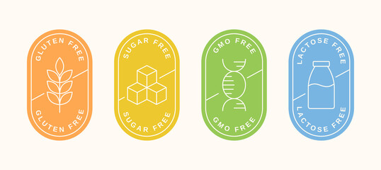 Gluten free, sugar free, gmo free, lactose free colorful labels. Healthy food badges. Vector illustration