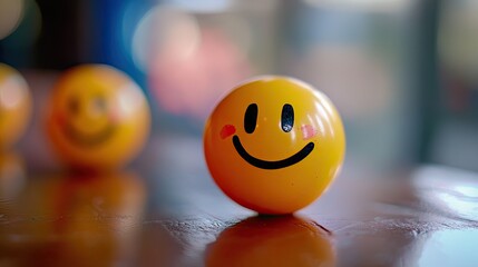 Three yellow emoji balls resting on a reflective surface creating a sense of fun
