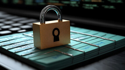Cybersecurity concept A gold padlock secures a stack of teal documents on a laptop keyboard, symbolizing data protection and online safety.