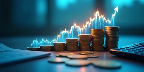 Economy, finance and investment background. Coins and calculator with financial graph growth of inflation and interest rate hike