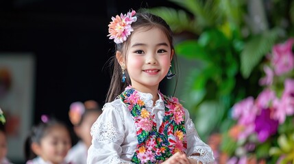 Girl in floral costume smiles at a spring festival