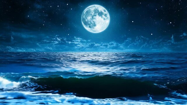 Full Moon Over Dark Blue Ocean at Night With Stars and Clouds