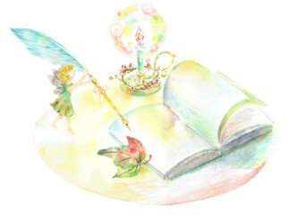 羽根ペンを持つ妖精　水彩画