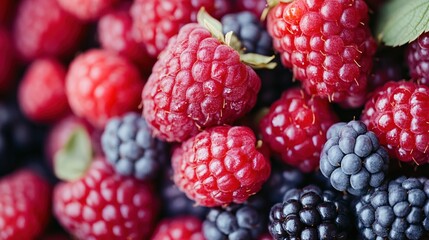 Close up shot of fresh raspberries and blackberries with vibrant colors and soft lighting