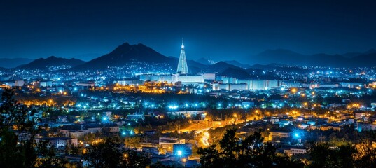 Fototapeta premium Illuminated Pyongyang Skyline with Ryugyong Hotel Towering Over City at Night, North Korea