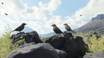 Darwin's finches resting on volcanic rocks, vibrant wildlife scene on Galapagos Islands.