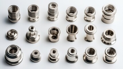 Various metallic components arranged aesthetically on a white background, showcasing precision engineering
