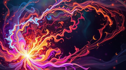 Obraz premium A vibrant abstract design featuring swirling colors of orange, blue, and pink against a dark backdrop, conveying energy and motion.