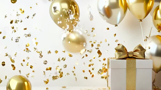 Luxury party gift box with golden ribbon bow on festive birthday background with balloons, confetti