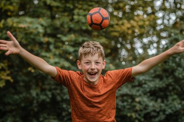 Joyful boy in an orange shirt playing with a soccer ball outdoors in a lush green park