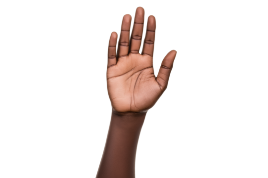 African American hand waving hello isolated on transparent white background