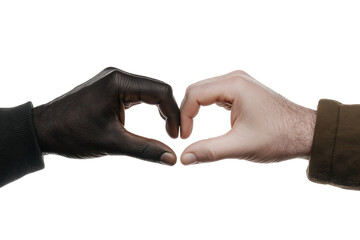 African American and European two hands forming heart shape with fingers isolated on transparent white background