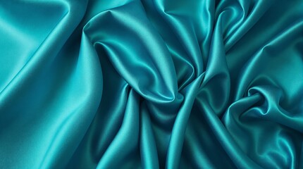 Obraz premium Smooth teal satin fabric with elegant folds and soft, silky texture shown in close-up view. Luxurious and stylish textile concept. Ai generative