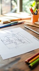 Architectural Floor Plan Sketch on a Wooden Table