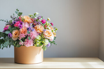 Bouquet of floristry flowers in round box on minimalist background