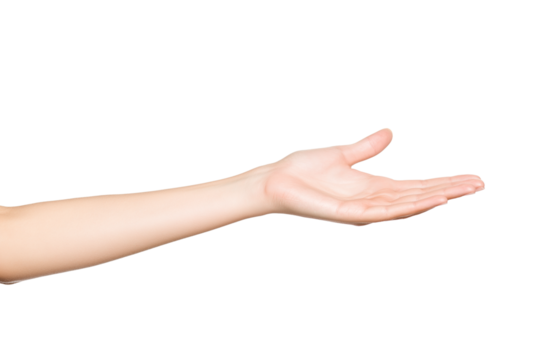 Hand reaching out to something isolated on transparent white background
