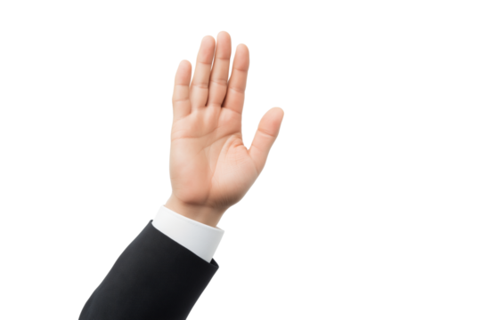 Businessman hand in suit waving hello or stop isolated on transparent white background