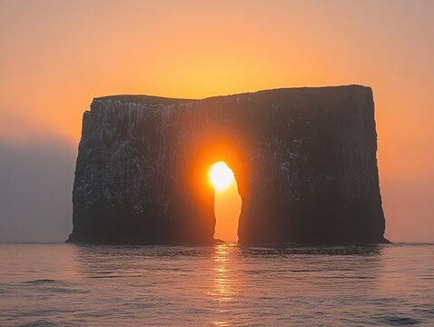 Sun shining through a natural arch in a rock formation over the ocean at sunset