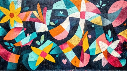 Fototapeta premium Colorful Abstract Floral Graffiti on Wall with Dynamic Shapes and Vibrant Motifs for Urban Art Enthusiasts and Creative Backgrounds