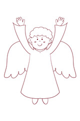 smiling winged boy angel with raised hands, outline on white background