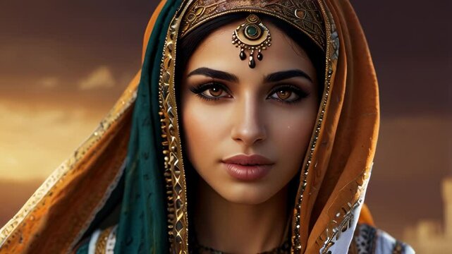 Beautiful Princess Woman Portrait, Close Up Amazing Woman Character Portrait in Ethnic Traditional Clothing. Eye Gaze Female Person Glamour Luxury Face. 