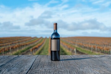 Fototapeta premium Elegant Red Wine Bottle in Vineyard Landscape Under Bright Blue Sky with Scenic Rows of Grapes
