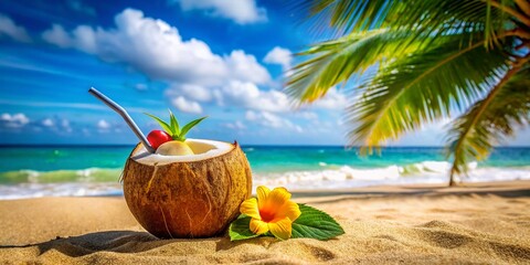 Obraz premium Sunny Beach Tropical Coconut Cocktail - Refreshing Summer Drink Photography