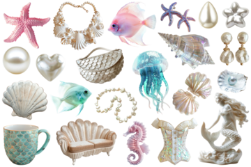 Mermaidcore objects png element set on transparent background