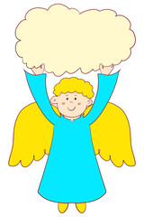 Cute winged angel boy with curly yellow hair in blue dress holds empty yellow cloud in hands and rejoices