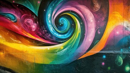 Vibrant Cosmic Graffiti on Wall Featuring Swirling Shapes and Colors Evoking a Dreamlike Universe Scene