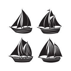 set of sailboat silhouette, black and white silhouette, vector and illustration